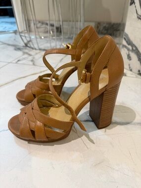 Michael Kors Tan Brown Leather Platform Block Heel Sandals